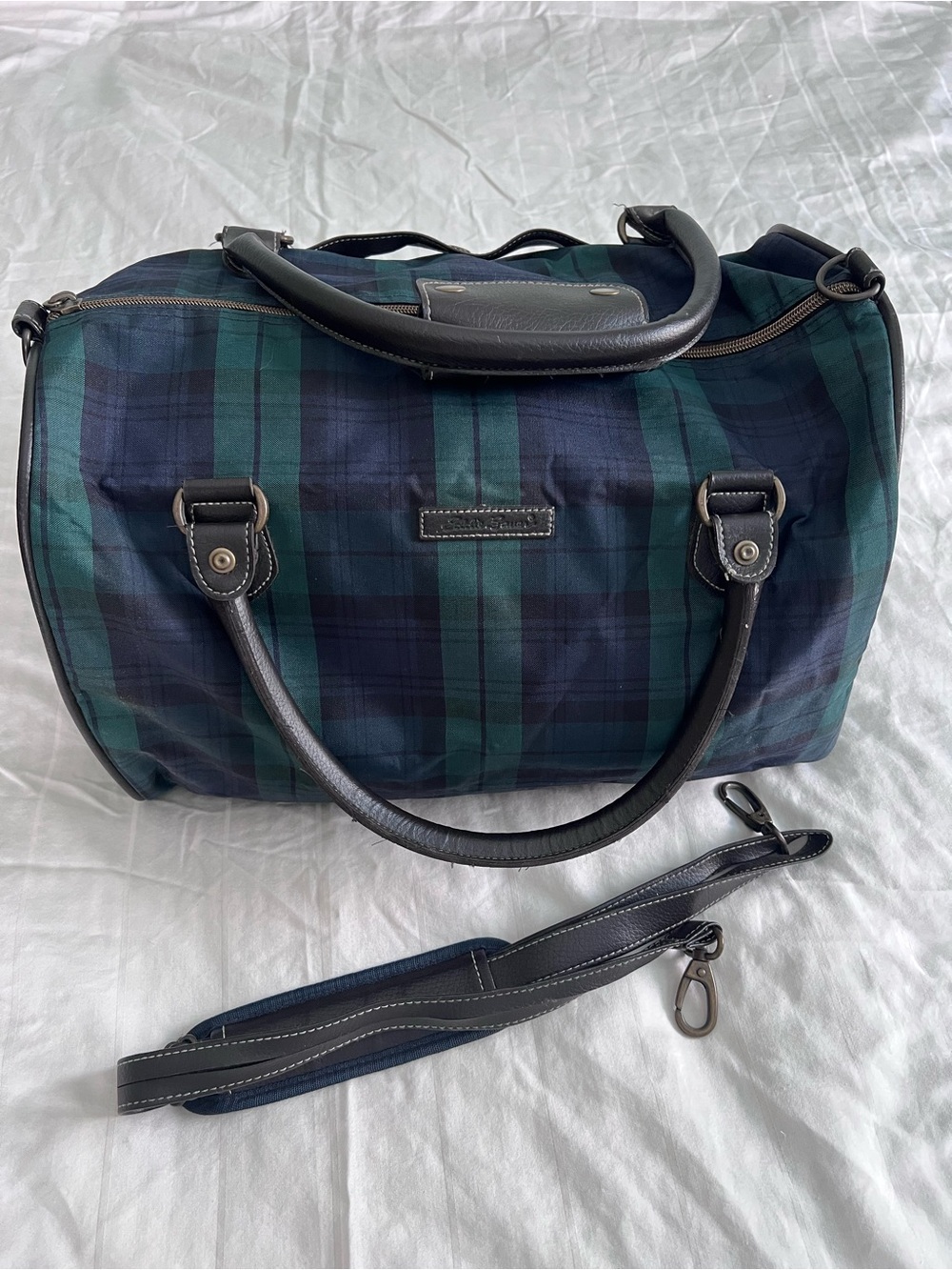 Eddie Bauer Plaid Duffel Bag in Navy and Green - weekender bag, carry-on